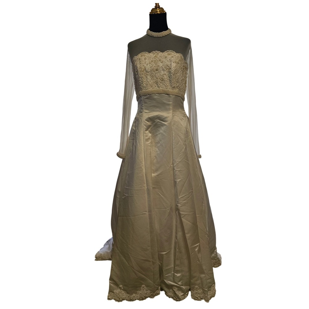 Ivory Satin Lace Illusion Neckline Long Sleeve Wedding Dress Bridal Gown Size 12